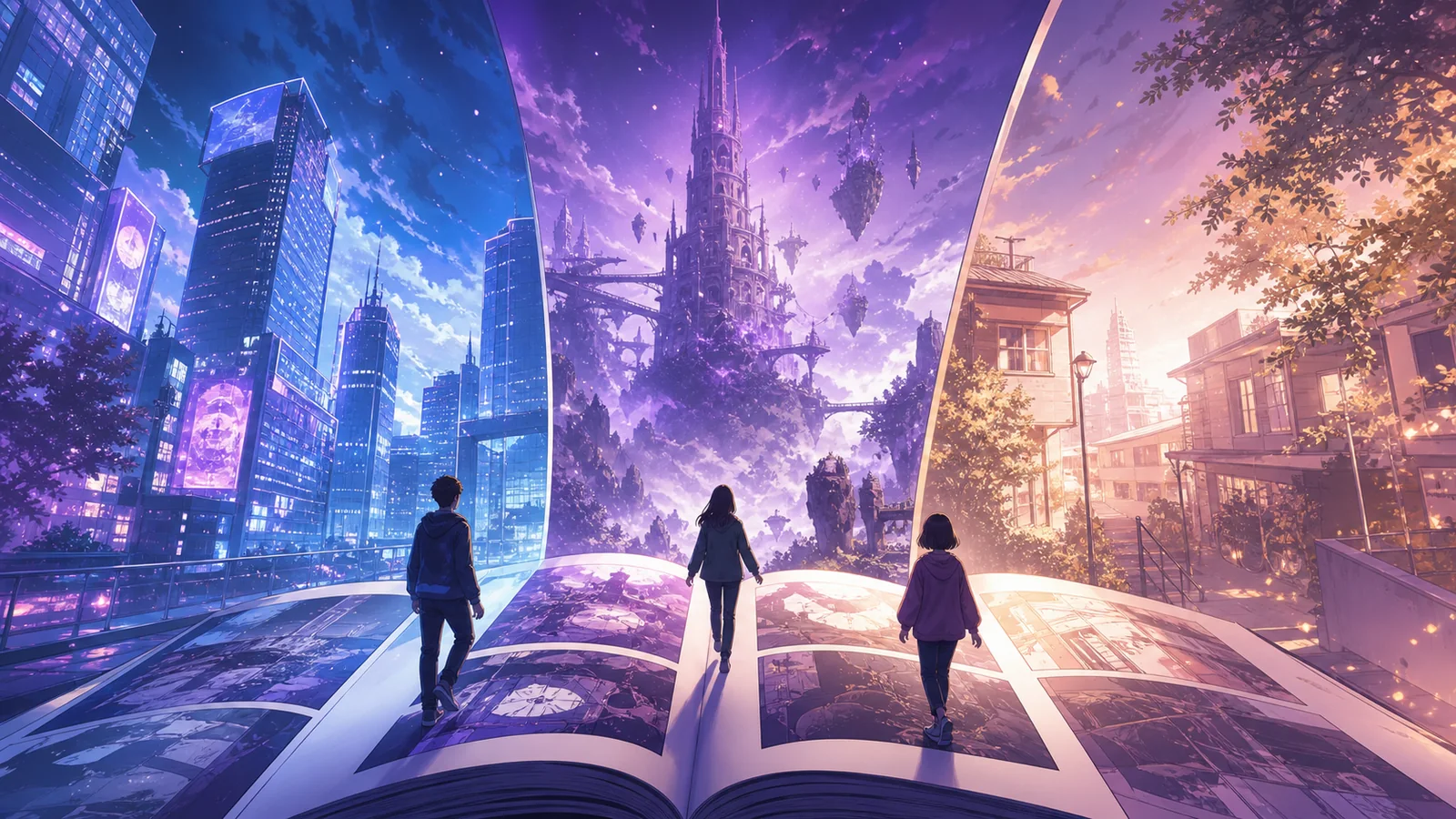 Original AdaptLore illustration of readers entering modern, fantasy and everyday comic worlds