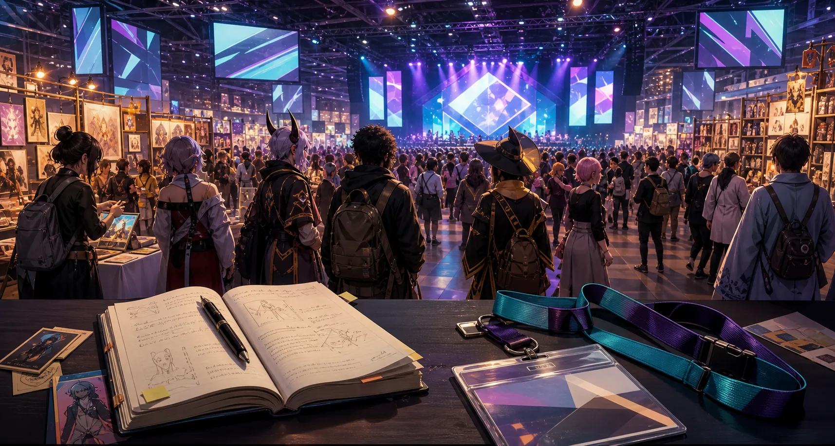 Original AdaptLore illustration of an anime convention hall with a press notebook, audience and distant stage