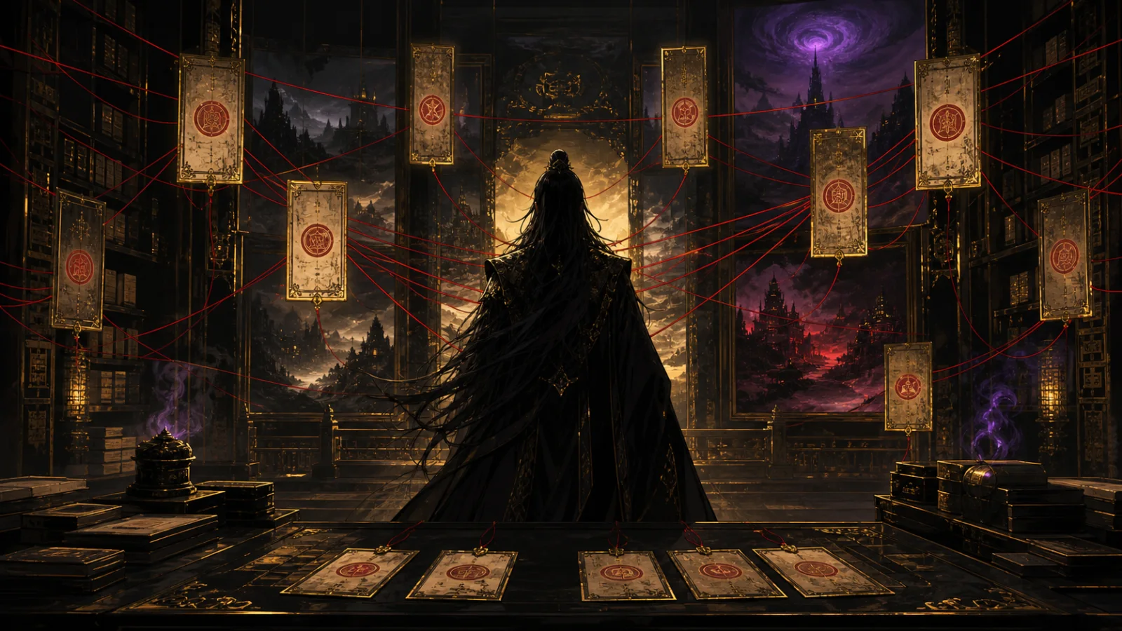 Original AdaptLore illustration of an anonymous dark-fantasy strategist comparing three differently numbered comic editions