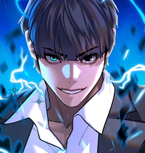 Dowan Ha in his school uniform framed by blue electrical energy