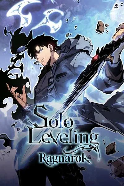 Sung Suho and blue shadow creatures on the official Tapas Solo Leveling Ragnarok novel cover