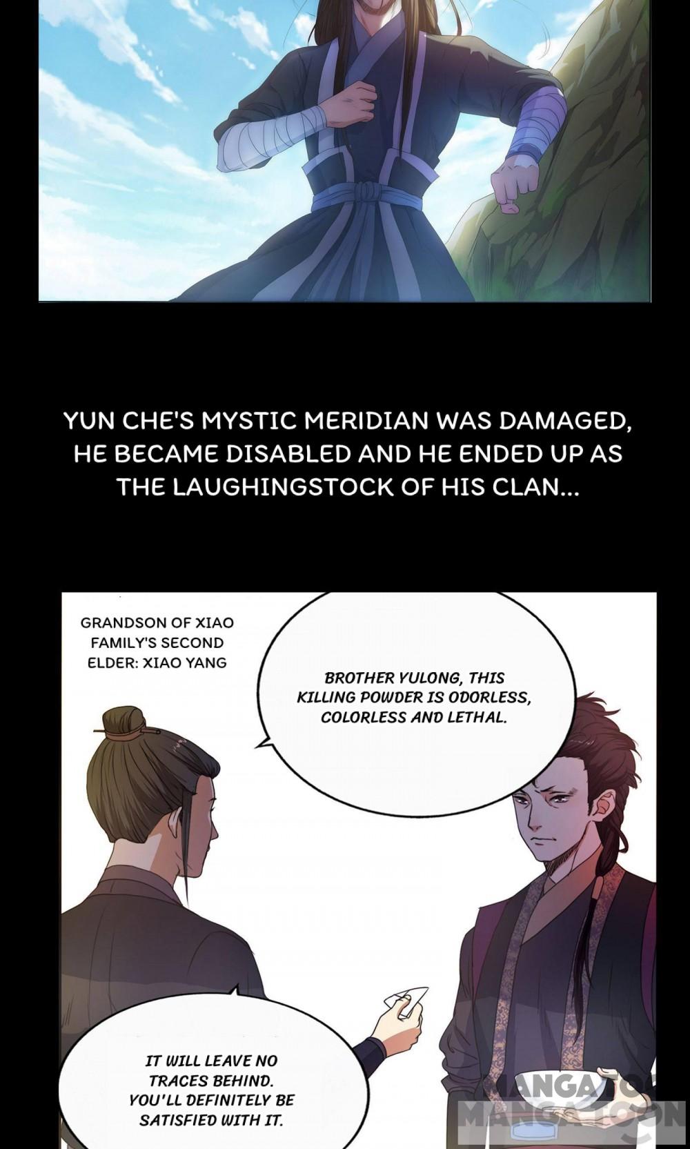 Opening Against the Gods panels connect Yun Che’s damaged meridians with a poisoning plot