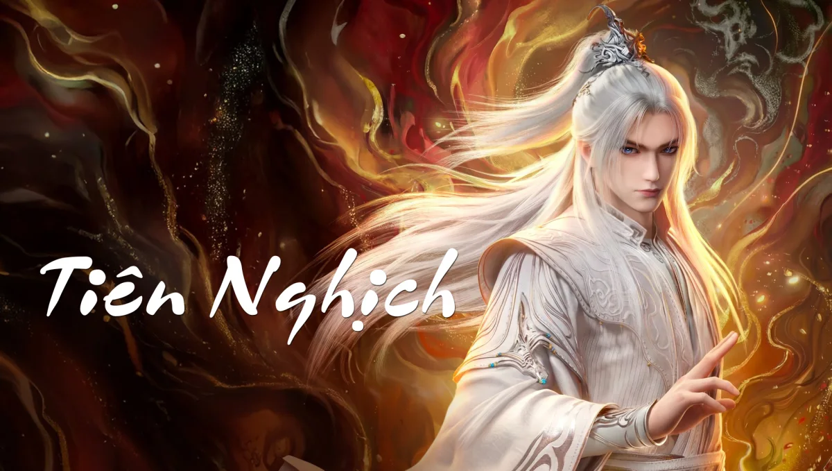 Renegade Immortal donghua artwork showing white-haired Wang Lin against a fiery background