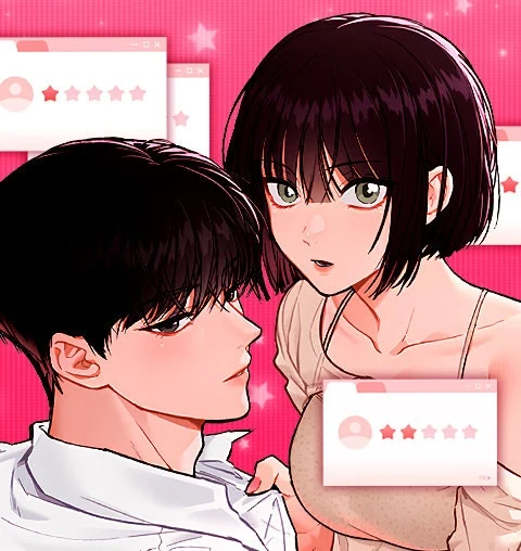 Giju and a dark-haired man surrounded by rating windows in official Ex-Love Review promotional artwork
