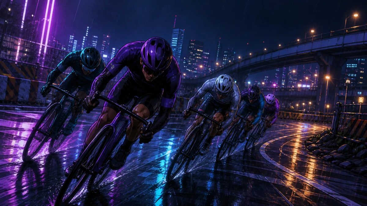 Original AdaptLore illustration of cyclists racing through a rainy city at night